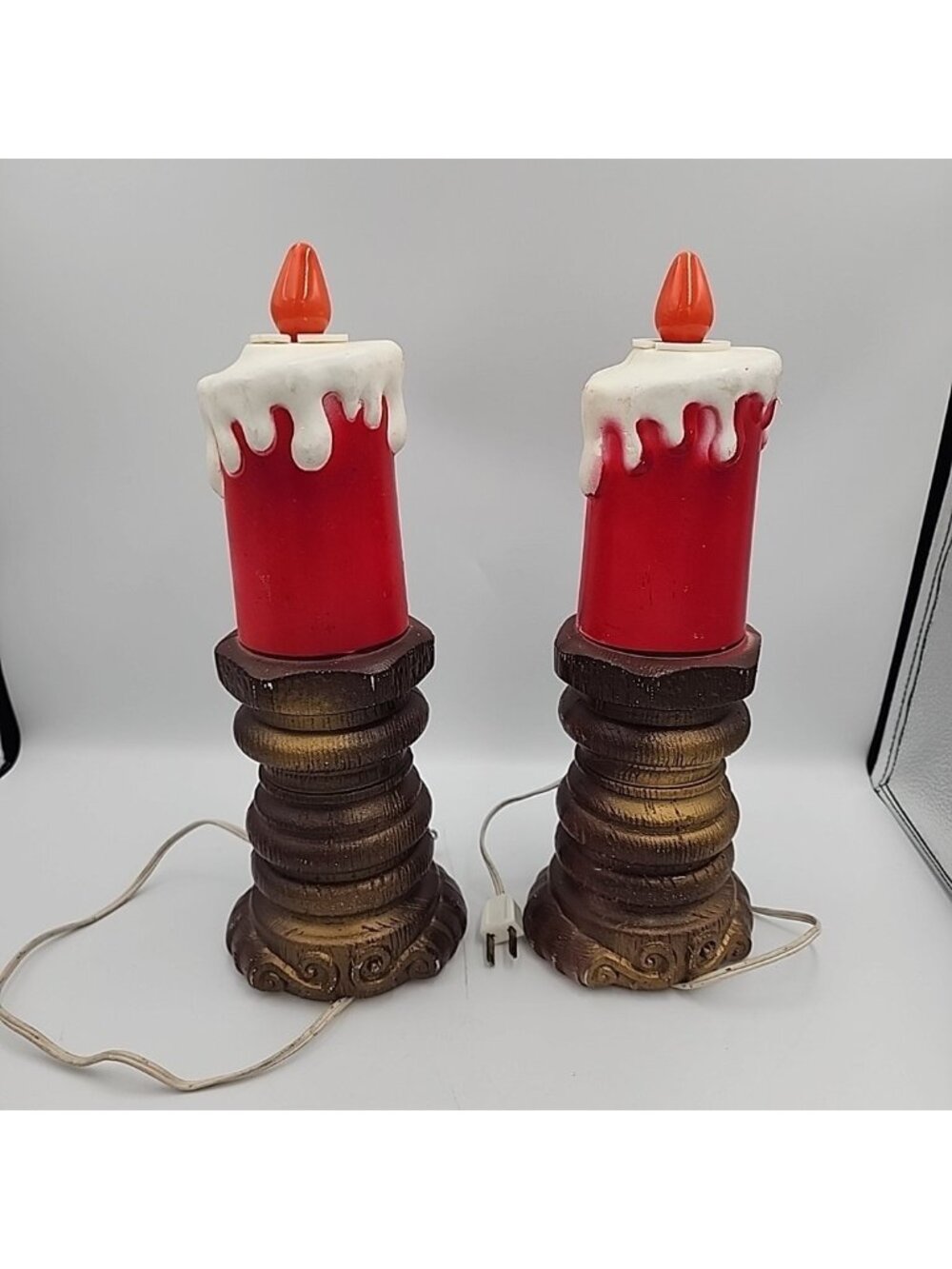 1969 Empire Plastics Blow Mold Lighted Candles  Flame Bulbs Set Of 2 13" *flaw